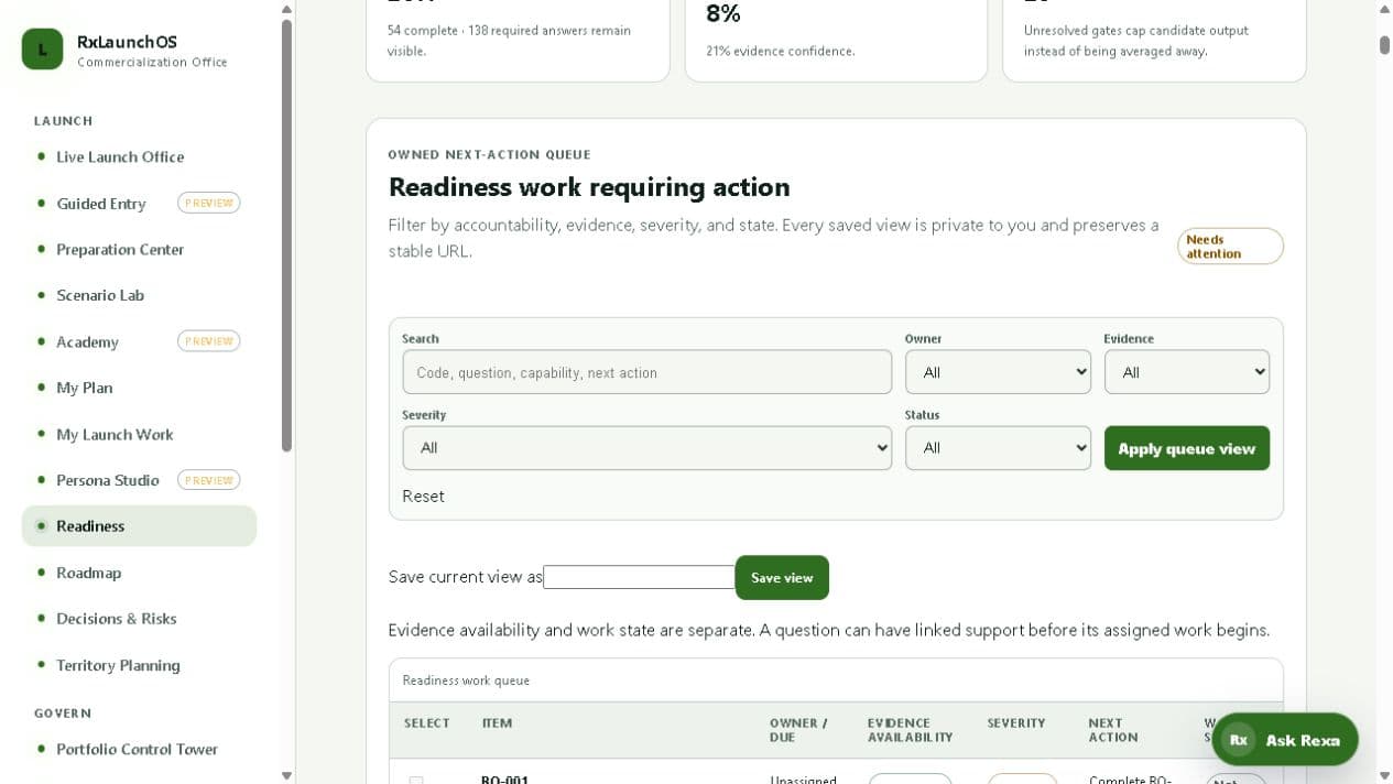 Training and enablement readiness shown in the RxLaunchOS fictional Asterion demonstration tenant