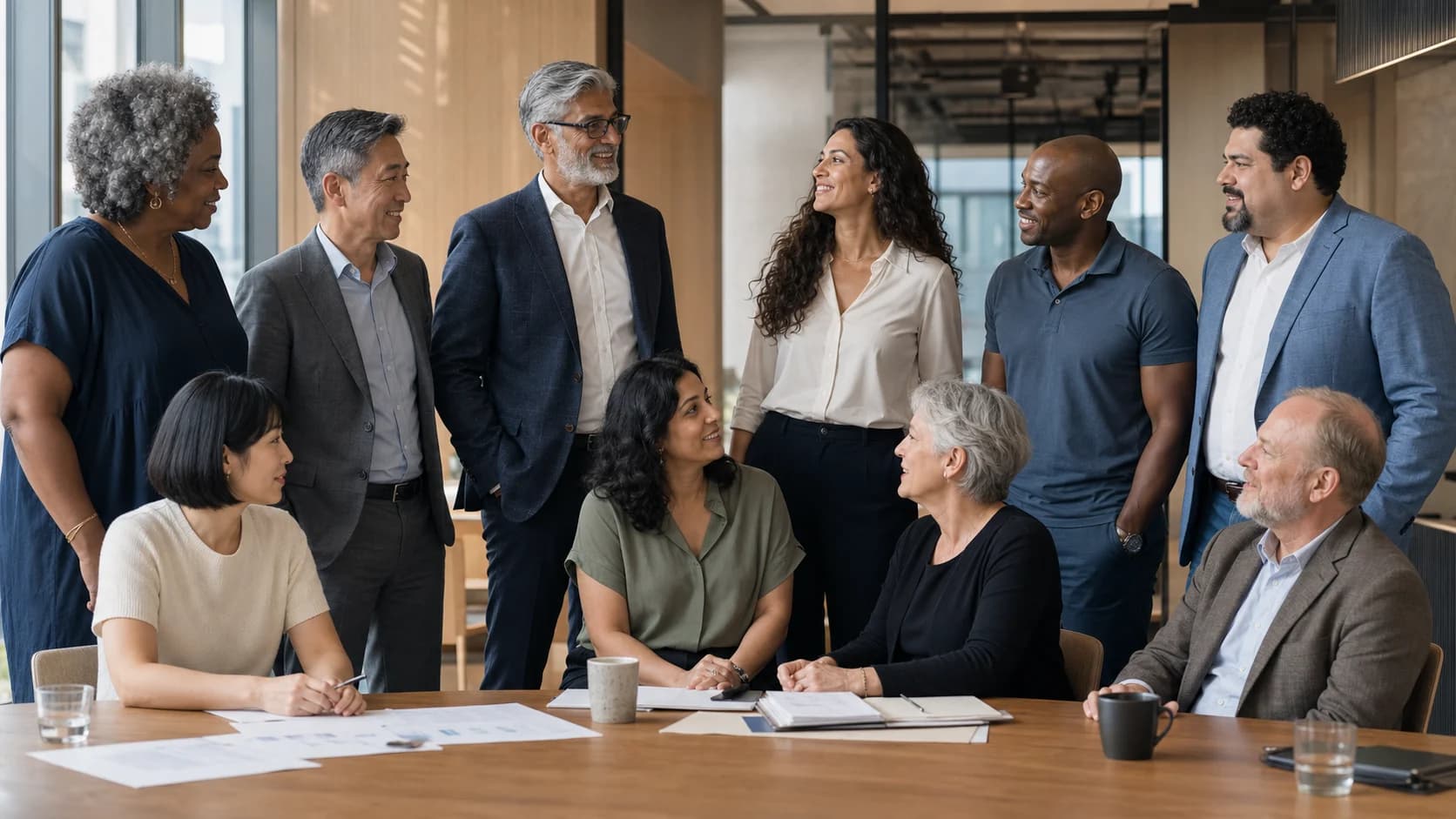 A diverse international group of science and business professionals gathered after a working session